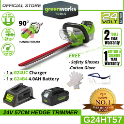 Greenworks 24V 57cm Cordless Deluxe Hedge Trimmer 90degree Rotary G24HT57 (With 4AH Battery &amp; Charger)