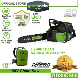 Greenworks GD80CS50 80V 18" Cordless Chainsaw (With 12.5AH Backpack Battery)