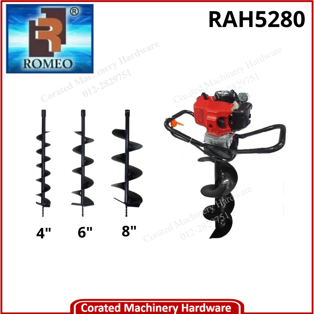 ROMEO EARTH AUGER C/W 3PC 4&quot;, 6&quot; &amp; 8&quot; DRILL BIT